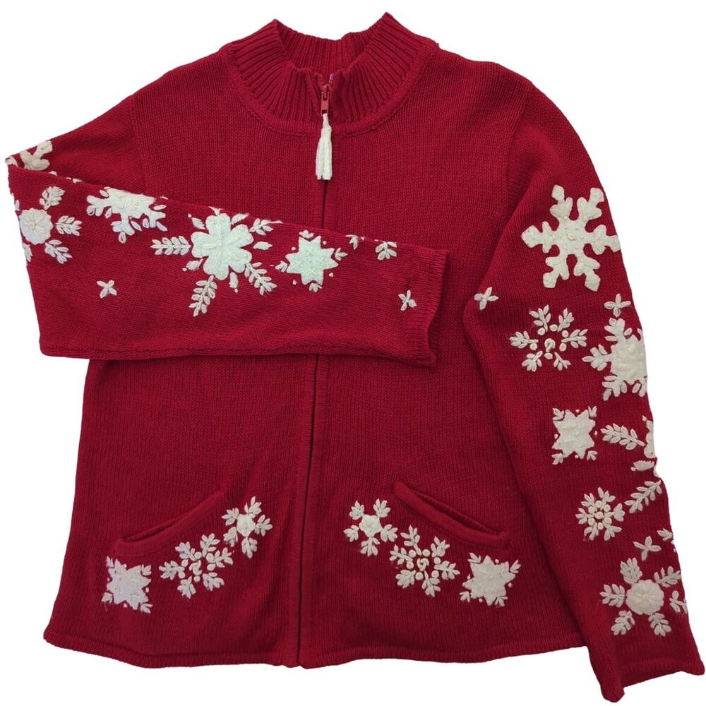VTG Red & White Embroidered Applique Snowflake Full Zip Sweater Women's Size S